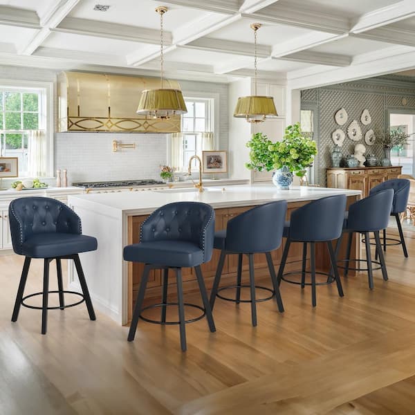 LUE BONA Arturo 26 in.Navy Blue Faux Leather Upholstered Swivel Bar Stool with Metal Frame Nailhead Counter Barstool Set of 6