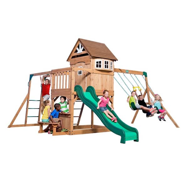 Backyard Discovery Montpelier All Cedar Swing Set Playset with Monkey Bars, Elevated Clubhouse, Belt Swings, Trapeze and Wave Slide