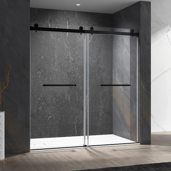 FORCLOVER 72 in. W x 76 in. H Double Sliding Frameless Shower Door in Matte Black Finish with 3/8'' Clear Glass