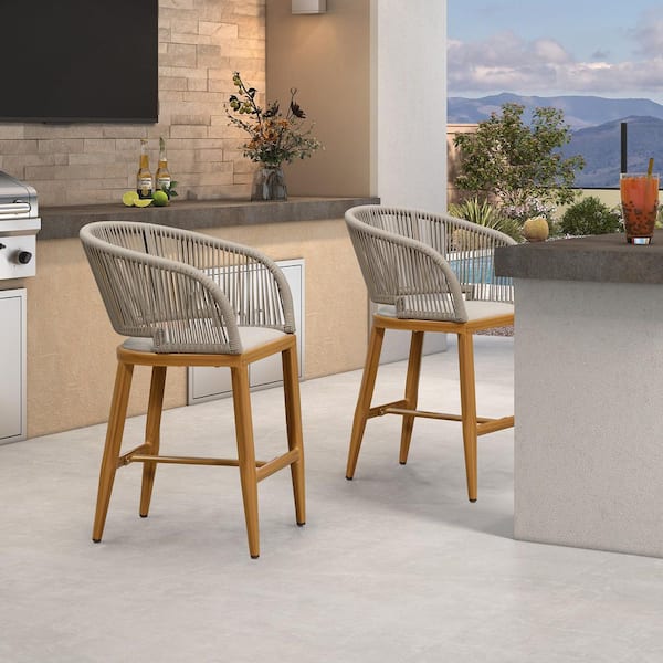 Aluminum Frame Rattan Counter Height Outdoor Bar Stool with Embedded Teak Cushions and Hollowed Back (2-Pack)