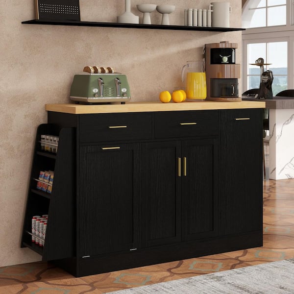 Valenwick Modern Black 34 in. Wood Accent Storage Cabinet Sideboard with Trash Can, Shelves and 3-Tier Spice Rack