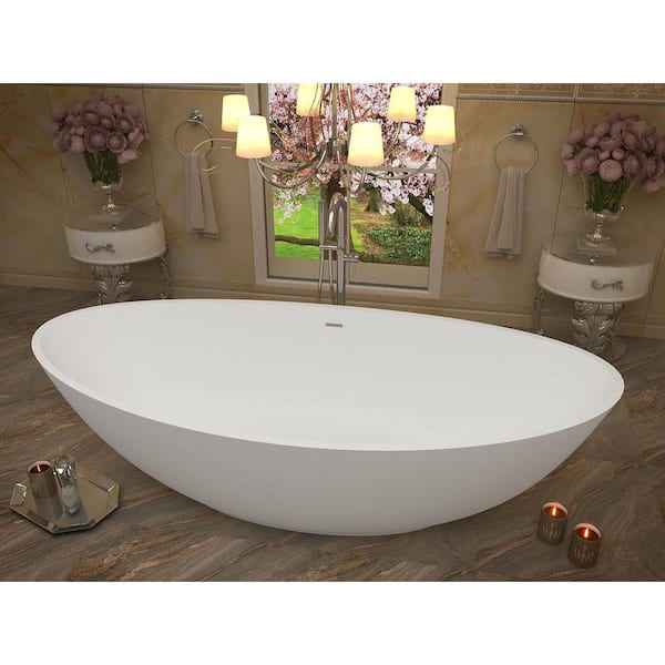 Masoko Series 74 in. x 34 in. Flat Bottom Solid Surface Freestanding Soaking Bathtub with Center Drain in Matte White