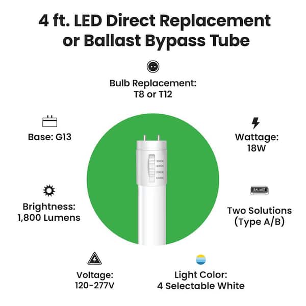 18-Watt 4 ft. G13 Type AB T8 Plug and Play Or T8/T12 Ballast Bypass Linear LED Tube Light Bulb Selectable White(10-Pack)