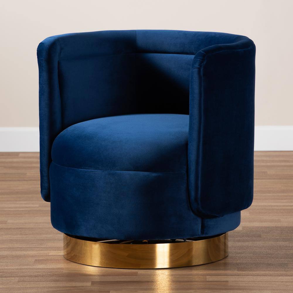 Royal Blue Velvet Barrel Swivel Accent Chair with Gold Base