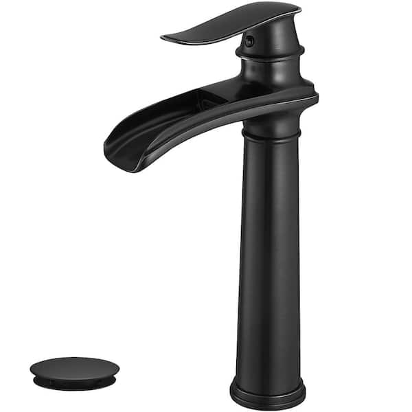 Waterfall Single Hole Single Handle Bathroom Vessel Sink Faucet with Pop-Up Drain Assembly in Matte Black