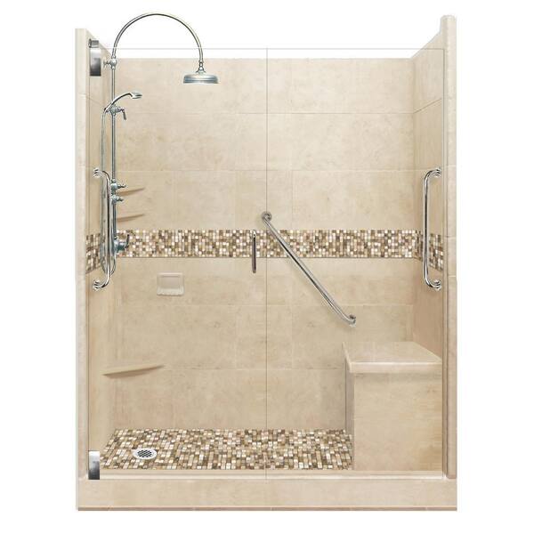 American Bath Factory Roma Freedom Luxe Hinged 42 in. x 60 in. x 80 in. Left Drain Alcove Shower Kit in Brown Sugar and Satin Nickel Hardware