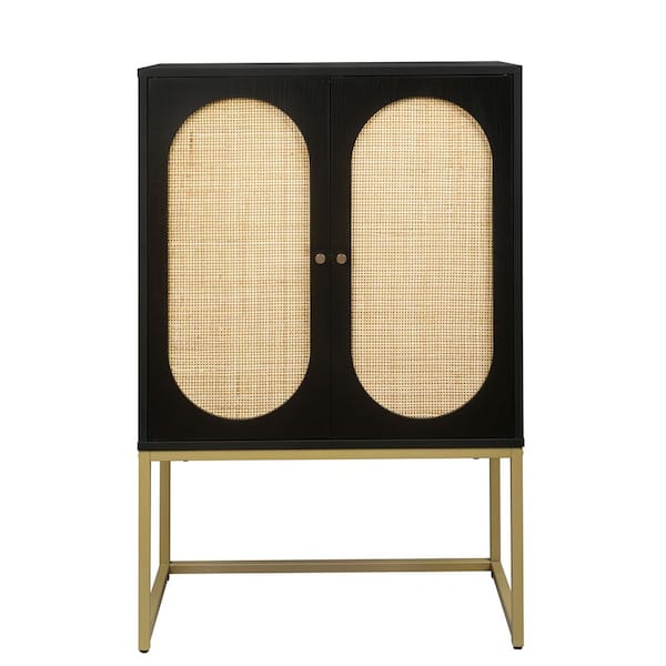 Angel Sar Black Accent Storage Cabinet with Natural Rattan Doors, High Cabinet with Adjustable Shelf