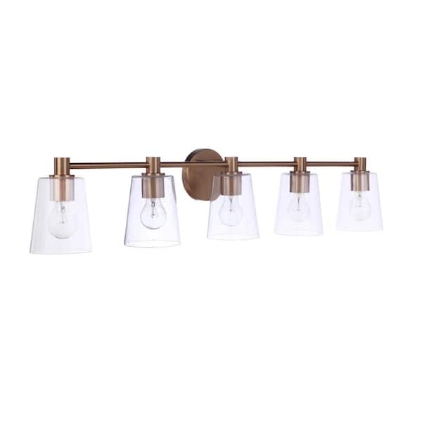 Emilio 42 in. 5-Light Satin Brass Finish Vanity Light with Clear Glass Shade