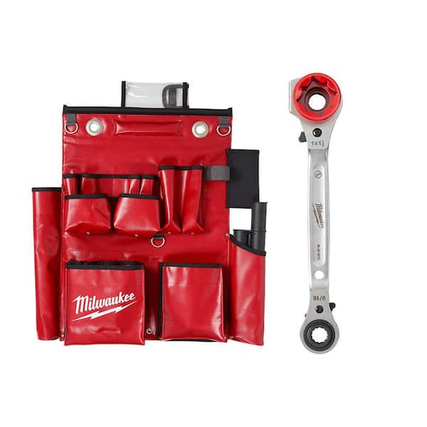 Milwaukee Lineman's Compact Aerial Tool Apron with Lineman's 5-In-1 Ratcheting Wrench with Smooth Strike Face (2-Piece)