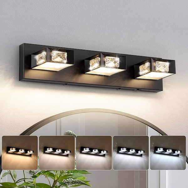 JUSHENG 20.47 in. Black 3-Light Dimmable Crystal Bathroom Vanity Light with 5-CCT Adjustable Switch and 350° Swivel Range