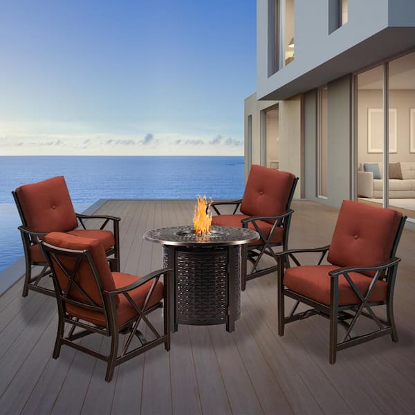 Oakland Living Antique Copper 5-Piece Aluminum Patio Fire Pit Deep Seating Set with Red Cushions