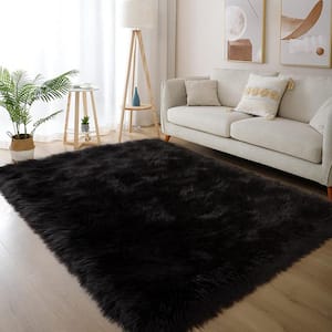 Black 4 ft. x 6 ft. Sheepskin Faux Furry Cozy Area Rug