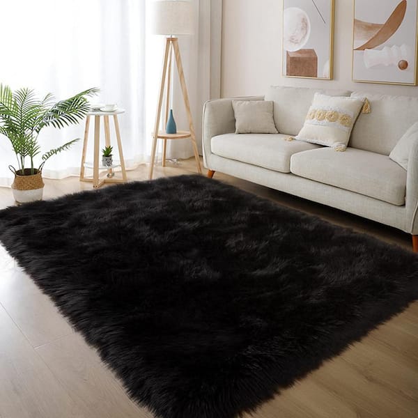 Black 4 ft. x 6 ft. Sheepskin Faux Furry Cozy Area Rug