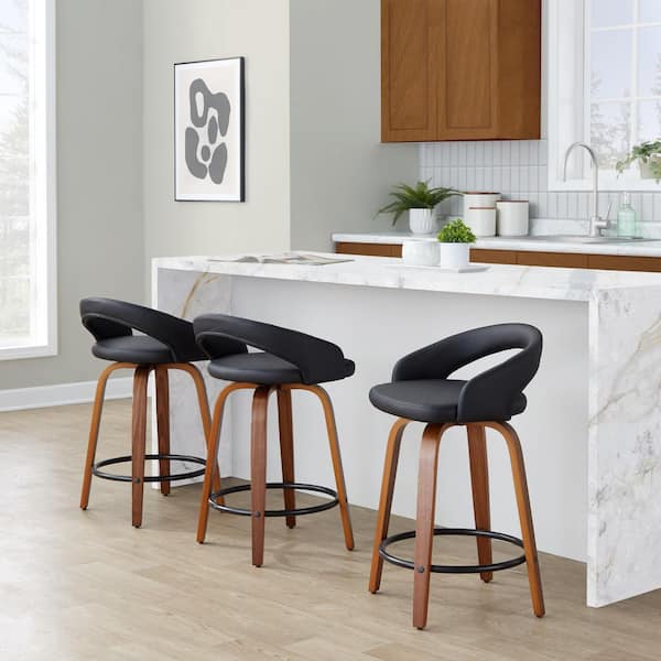 Grotto Upholstered 24 in. Walnut Wood and Black Faux Leather Fixed-Height Counter Stool (Set of 2)