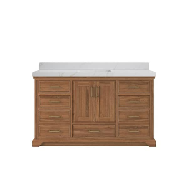 Willow Collections Charlotte Teak 60 in. W x 22 in. D x 36 in. H Single Sink Bath Vanity Dark Natural with 2 in. Calacatta Sienna Qt. Top