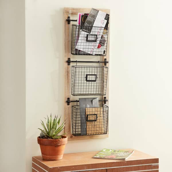 Litton Lane Black Wall Mounted Magazine Rack Holder with Suspended Baskets and Label Slots