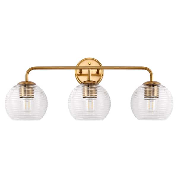 Briignite 25 in. 3-Light Gold Vanity Light with Globe Clear Glass Shades for Over Mirror and Bathroom
