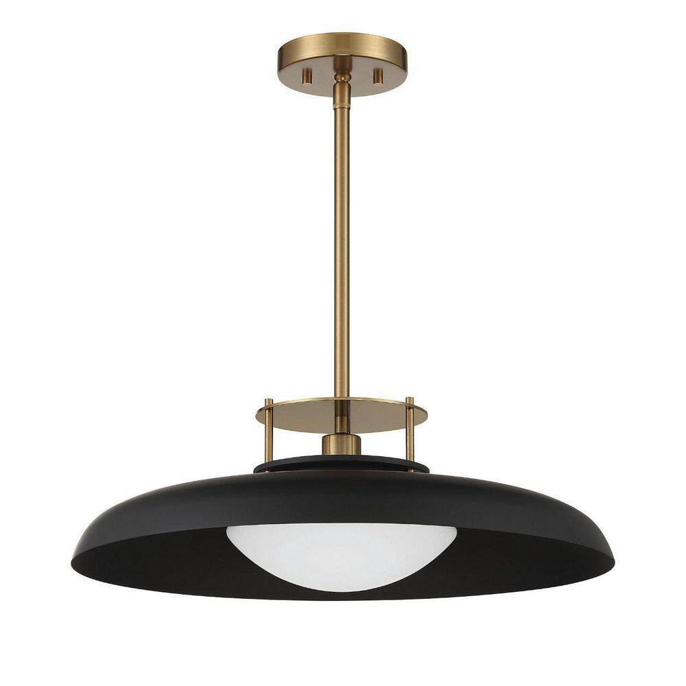 Matte Black and Warm Brass Vintage Pendant Light with Opal Glass Shade