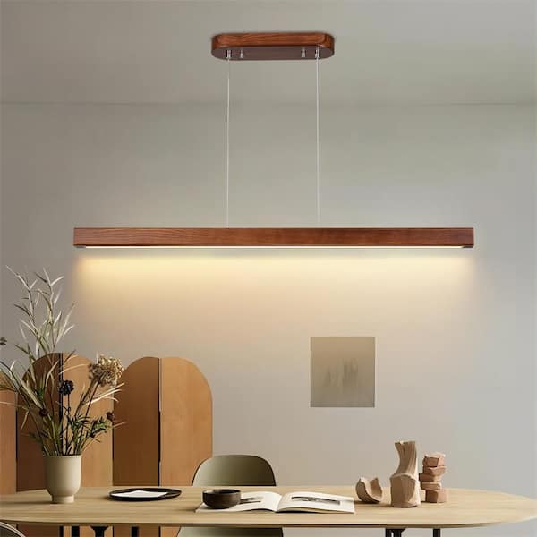 GoYeel 39.37 in. 1-Light Walnut Color Farmhouse Wood Grain Hanging Kitchen lsland Light LED Linear Pendant Lighting