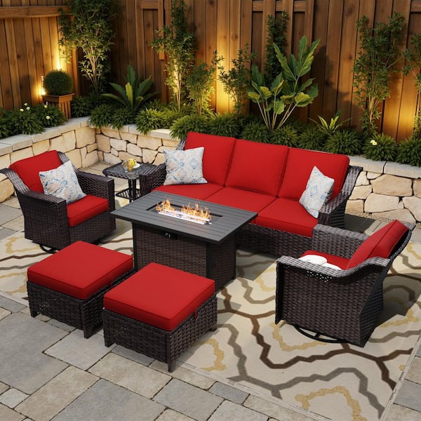 7-Piece Fire Pit Patio Set Wicker Outdoor Patio Conversation Set with Swivel Rocking Chairs, Ottomans and Red Cushions