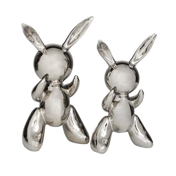 CosmoLiving by Cosmopolitan Silver Porcelain Abstract Balloon Rabbit Sculpture (Set of 2)