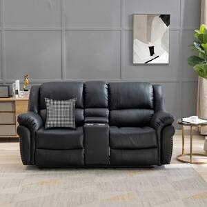 76.77 in. Wide Pillow Top Arm Leather 2-Seater Loveseat Recliner Sofa in Black with Console and Cup Holder