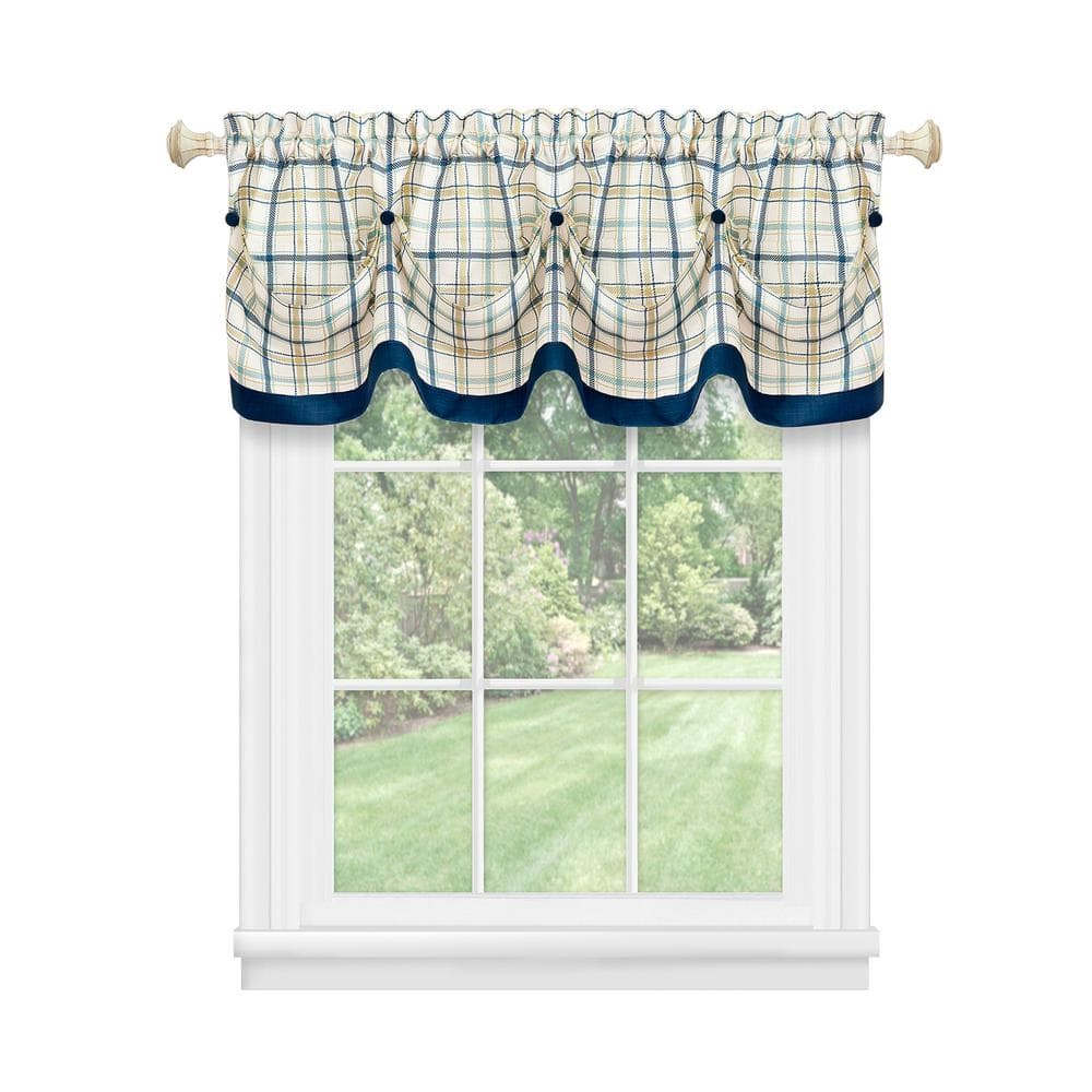 Navy Plaid Polyester Rod Pocket Valance with Buttons