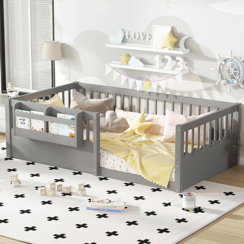 Gray Twin Size Wood Montessori Floor Bed with Safety Fence and Built in Bookshelf price history on PriceWatchPro