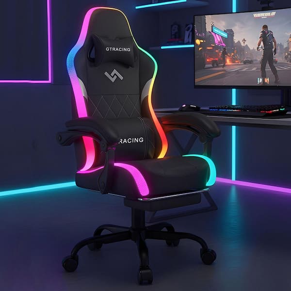 Faux Leather Speaker Gaming Chair Adjustable Height Heavy Duty Ergonomic Computer Office Desk Chair, RGB Speaker