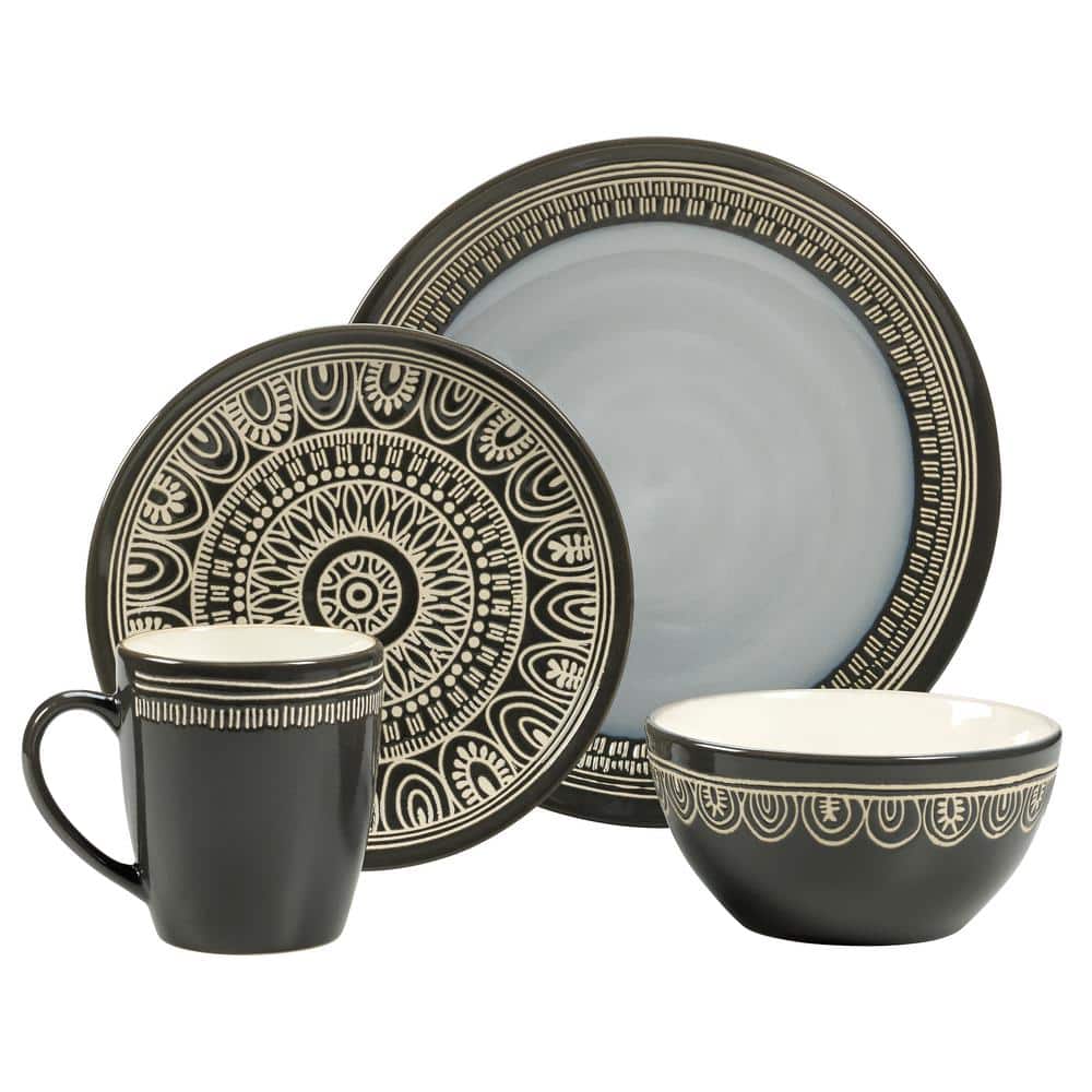 Over and Back Tribal 16Piece Casual Grey Porcelain Dinnerware Set