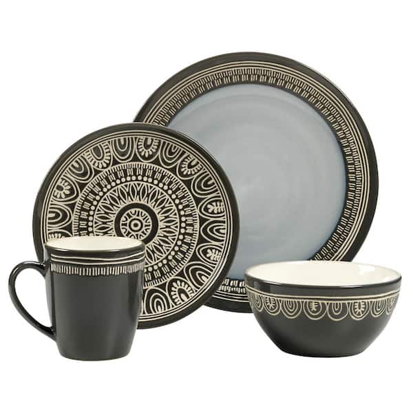 Over and Back Tribal 16-Piece Casual Grey Porcelain Dinnerware Set (Service for 4)