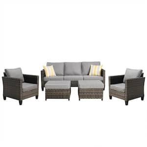 Megon Holly Gray 5-Piece Wicker Outdoor Patio Conversation Seating Sofa Set with Dark Gray Cushions