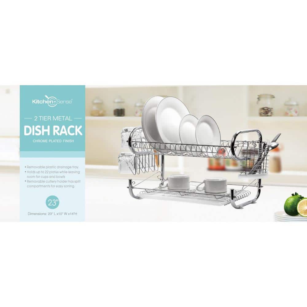 Stainless Steel 23-Inch 2-Tier Dish Drying Rack with Utensil Holder