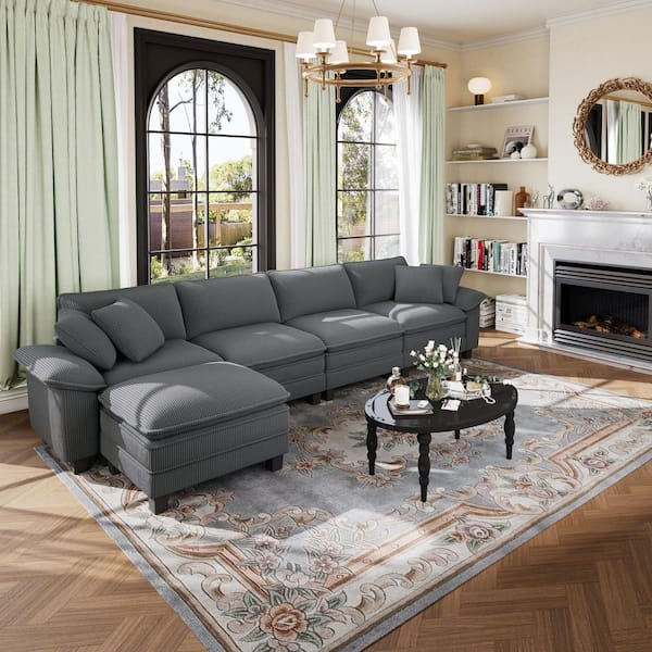 157.5 in. Flared Arm 5-Seat Corduroy Fabric Modular Sectional Sofa in Light Gray with Throw Pillows and Ottoman