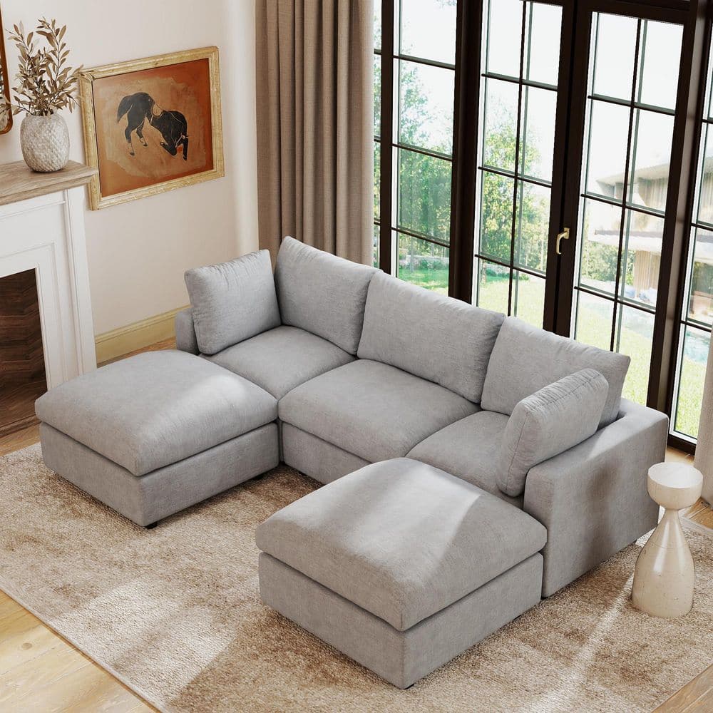 5-Piece Gray Modular Sectional Sofa U-Shaped Chenille Living Room Set, Extra-Wide Seating, Removable Washable Covers