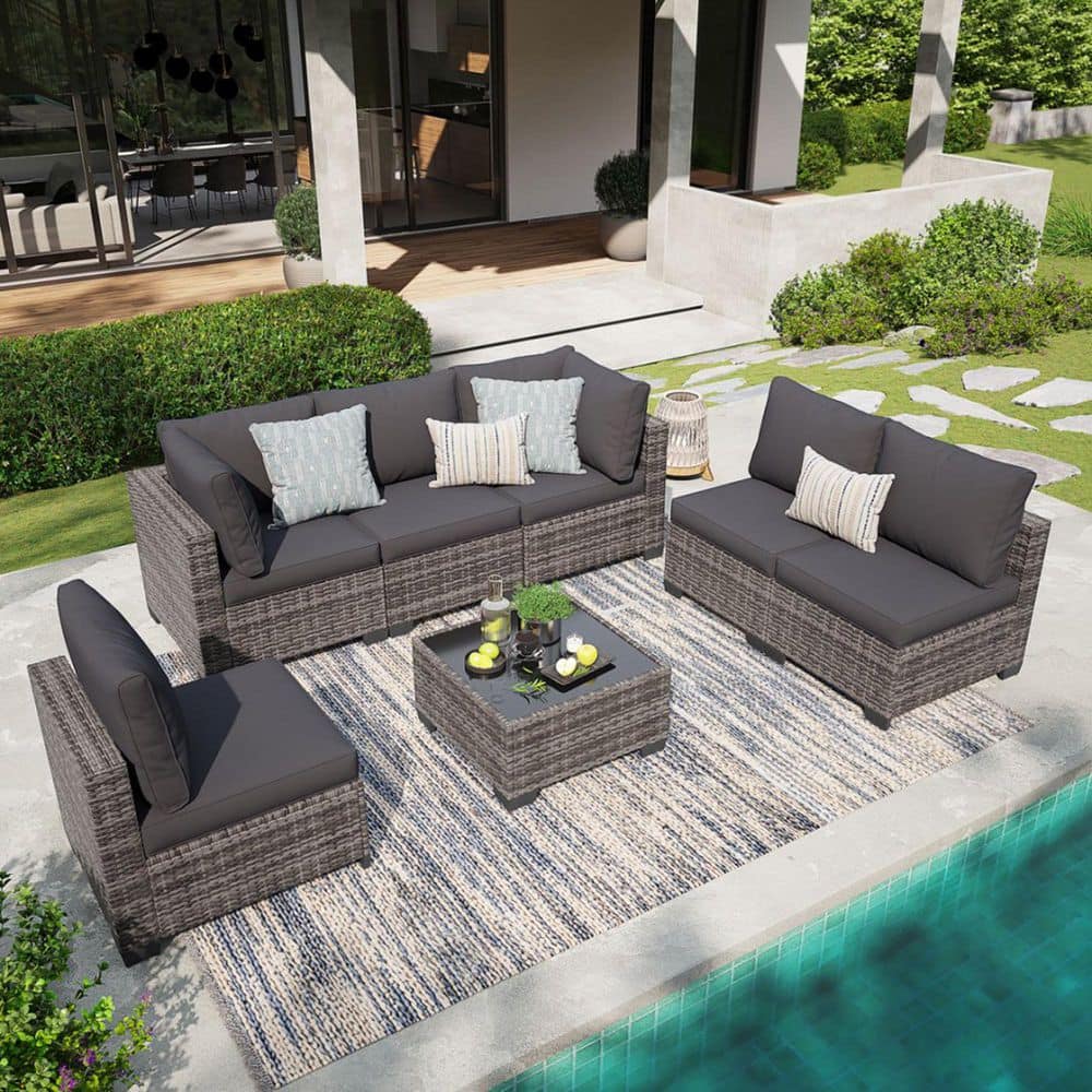 JUSKYS GUKOO Gray Wicker 7-Piece Metal Frame Sofa Seating Group