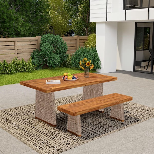 Lyuba 2-Piece Solid Wood and Wicker Outdoor Patio Dining Set with Bench, Teak Finish + Brown