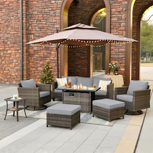 New Star Gray 7-Piece Wicker Patio Rectangle Fire Pit Conversation Set with Dark Gray Cushions and Swivel Chairs