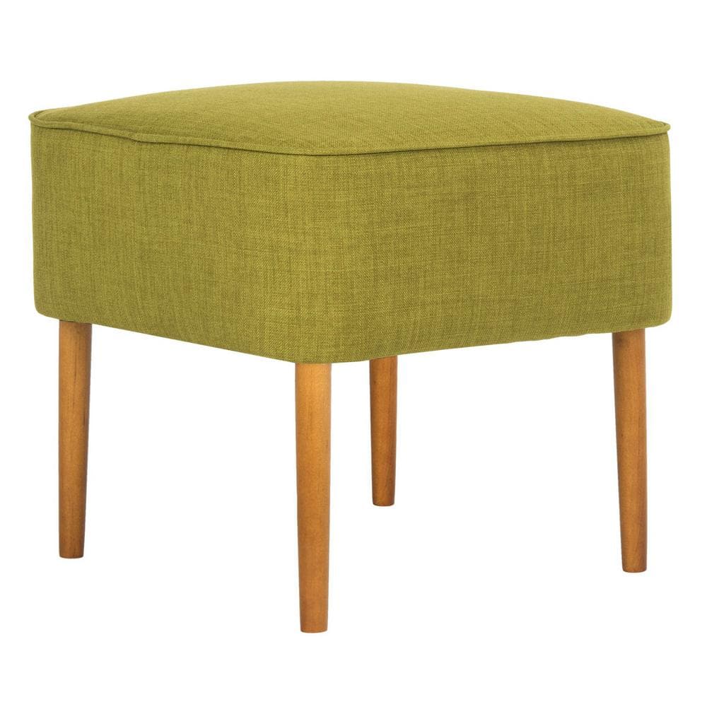 Transitional Eli Tufted Round Green Ottoman with Oak Wood Legs