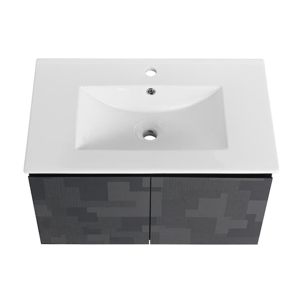 ARTCHIRLY 30 in. W x 18.3 in. D x 17.3 in. H Wall Mounted Bath Vanity in Black with White Ceramic Vanity Top