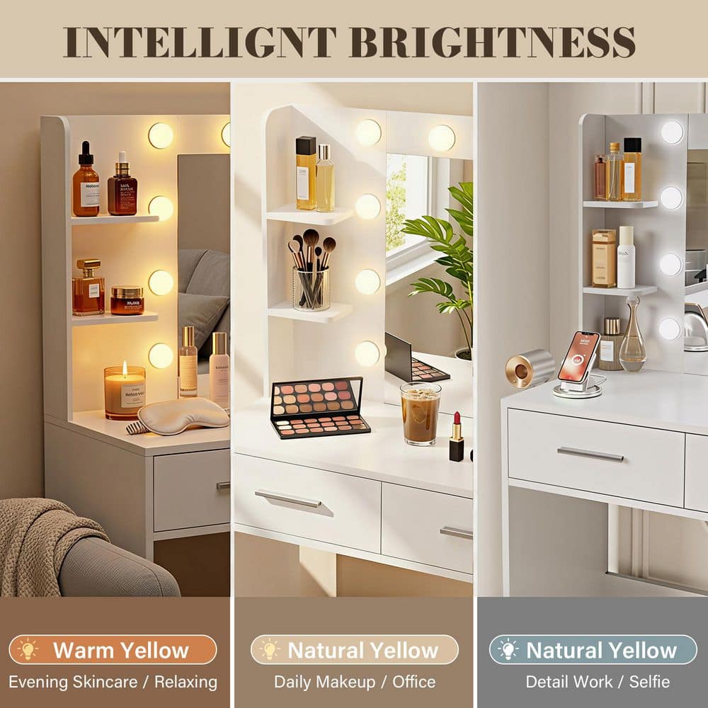 Makeup Vanity Sets with Mirror and Power Outlet, Dressing Table Sets with 2-Drawers, 4-Storage Shelves and Bench, White - thumbnail 6