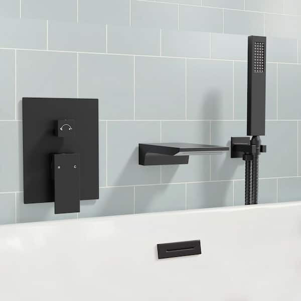 2-Handle Wall Mount Waterfall Roman Tub Faucet 5 GPM with Hand Shower Bathtub Faucet in Matte Black(Valve Included)