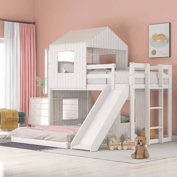 Qualler Topanga White Twin Over Full House Style Bunk Bed with Slide