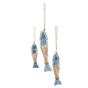 Blue Wood Handmade Fish Wall Art Decor with Wrapped Jute Hanging Rope (Set of 3)