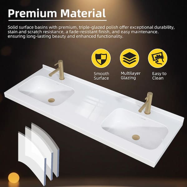 Zeafive 60 in. W x 22 in. D Solid Surface White Rectangular Double