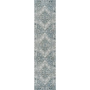 Light Gray/Blue 2 ft. x 8 ft. Pavel Distressed Medallion Low-Pile Machine-Washable Runner Rug
