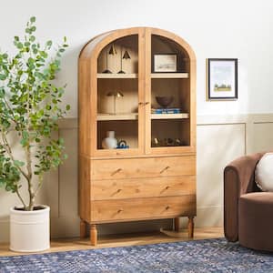 Darci 74 in. Tall English Oak Modern MDF 3-Shelf Arched Bookcase Cabinet with Glass Doors and Drawer Storage