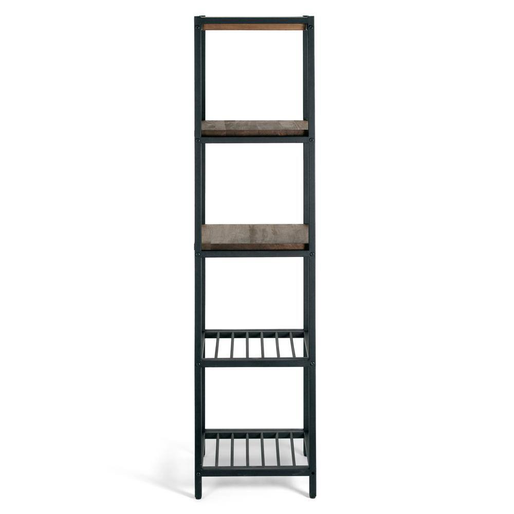 Modern Industrial Black Metal and Pine Wood Etagere Bookcase