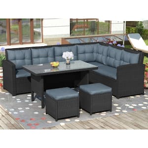 6-Piece Patio Wicker Furniture Set Outdoor Sectional Sofa with Glass Table, Ottomans with Black Cushions