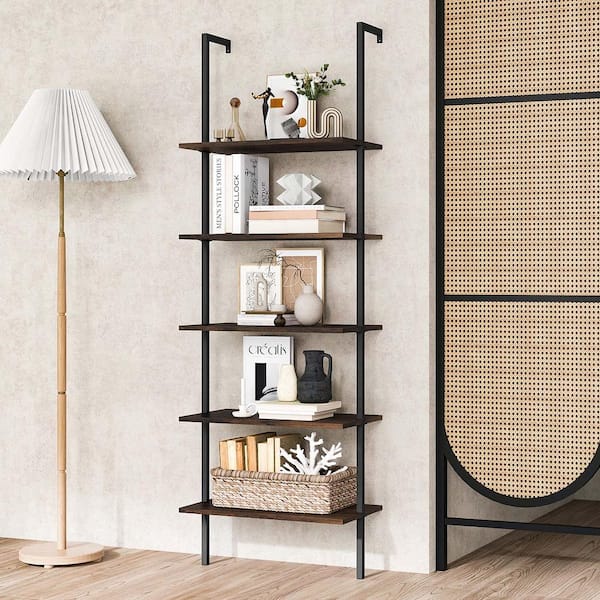 24 in. W x 12 in. D Brown 5-Tier Ladder Shelf Wall-Mounted Bookshelf Display Storage Organizer Decorative Wall Shelf